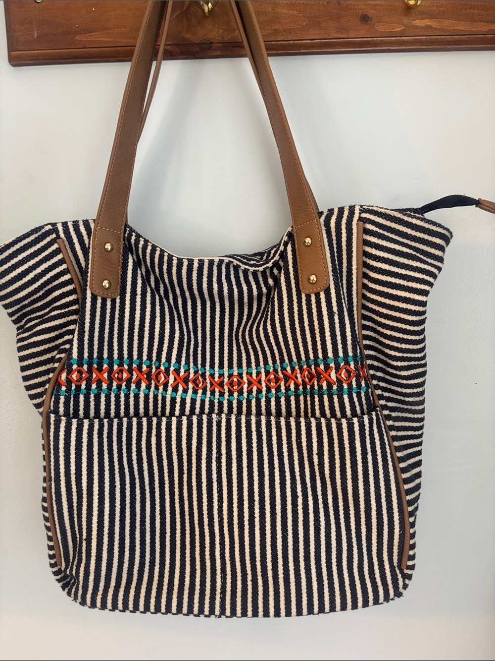 Mia & Luca Striped Embroidered Canvas Tote with Brown Faux-Leather Handles